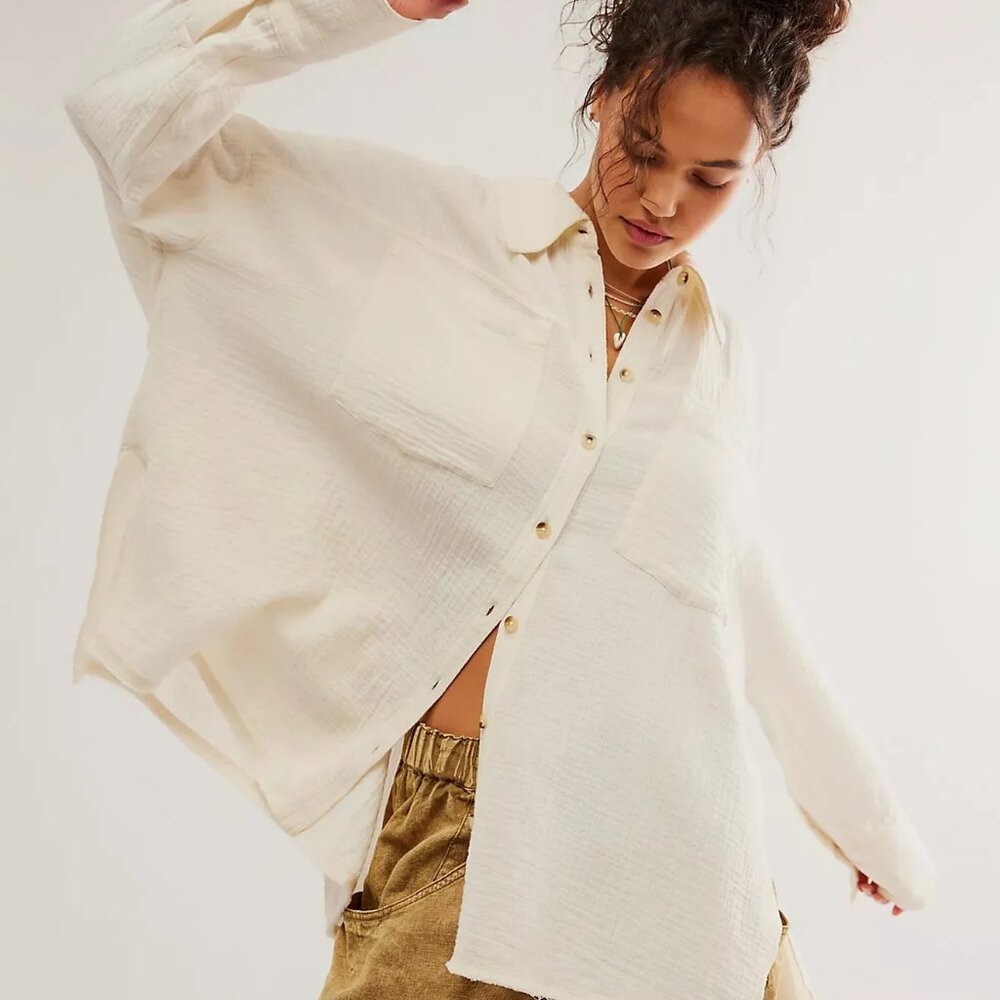 new Free People Cardiff 100% Cottone  GAUZY!  Button-Down Shirt Tunic 3Y2 267